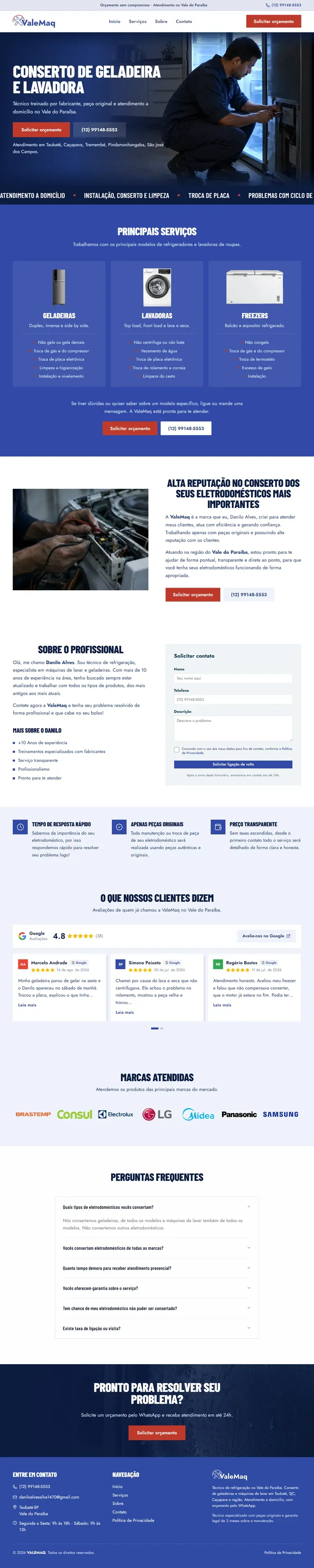 Página inteira do site VALEMAQ Refrigeração